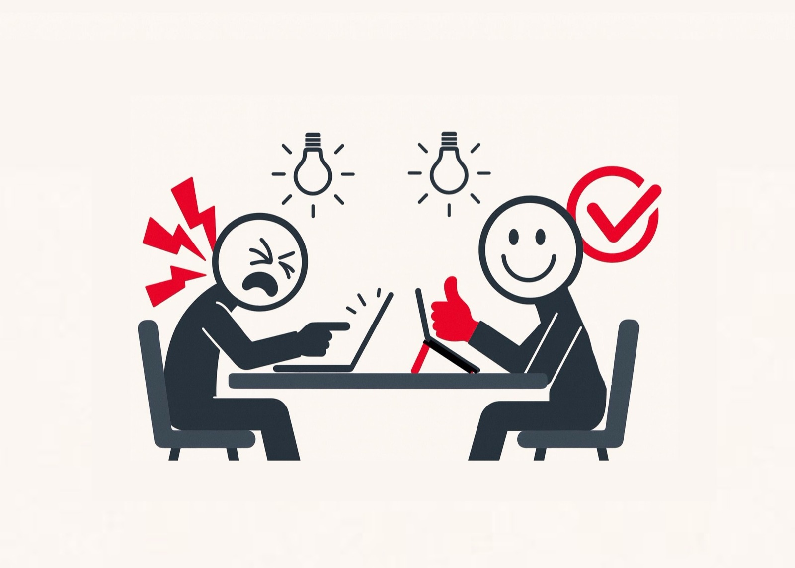 Two people in front of each other at the same table - one works as usual with pain and another uses KofeNot™ and works pain free